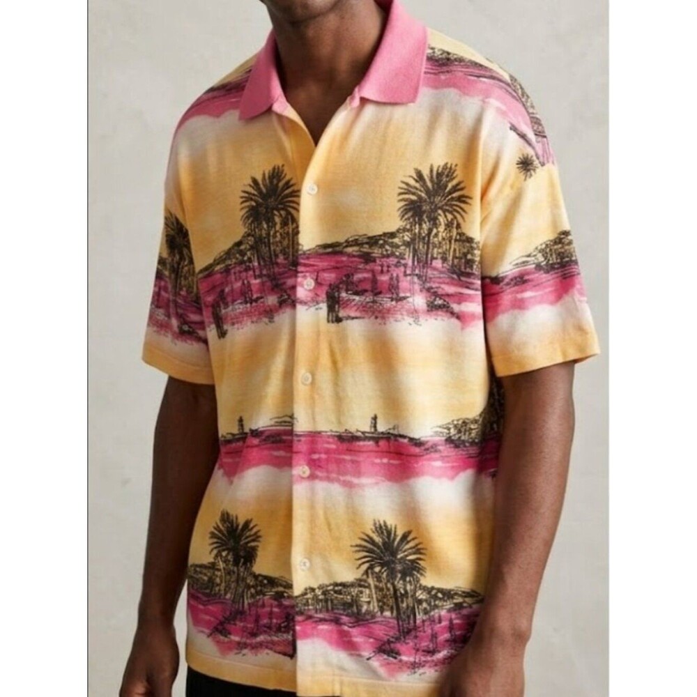 ASOS Hawaiian Sunset Palm Beach Retro Knit Vacation Polo Shirt Men's Size Large